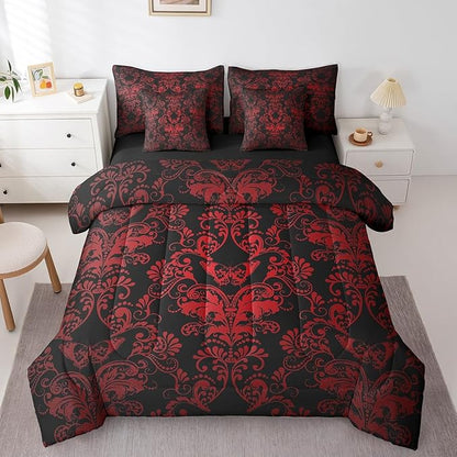 Erosebridal Gothic Damask Comforter Set 7 Piece Bed in a Bag Twin,Butterfly Skull Bedding Sets Red Black Victorian Floral Goth Sheet Set with Comforter
