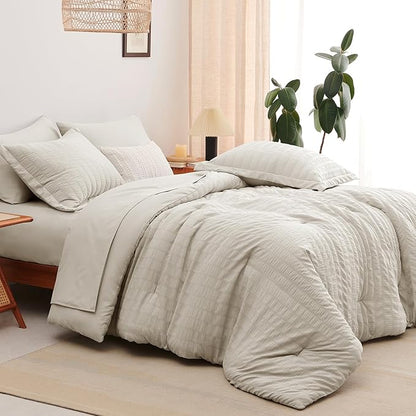 CozyLux California King Comforter Set with Sheets 7 Pieces, Beige Seersucker Bed in a Bag Cal King Luxury Soft Bedding Sets with Down Alternative Comforter, Sheets, Pillowcases & Shams for All Season