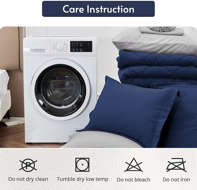 MUXHOMO 7 Pieces Queen Comforter Set, Reversible Bed in a Bag Queen Size, All Season Bedding Set with Comforter, Flat Sheet, Fitted Sheet, Pillowcases & Shams, Navy & Light Grey