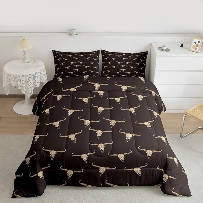 Erosebridal Bull Skull Comforter Set King Ethnic Bohemian Bedding for Men Boys | Tribal Steer Skull Wildlife Aztec Bedroom Decor Farmhouse Cabin Lodge Duvet Insert with 2 Pillow Cases,Brown