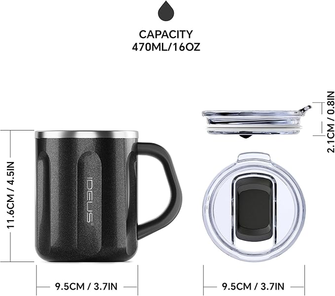 Ideus 16 oz Coffee Cup, Stainless Steel Coffee Travel Mug, Spill Proof Tea Mug with Handle and Lid, Lightweight and Durable, Great for Office Home and Outdoor Use, Black-FUJI FLOW