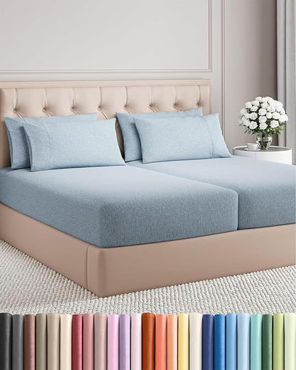 Split King 7 Piece Sheet Set - Comfy Breathable & Cooling - Soft Hotel Luxury Bedding Set w/ 8-16 Inch Deep Pockets - 1 Flat & 2 Fitted Sheet & 4 Pillowcases - Cozy and Wrinkle Free - Heathered Blue