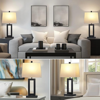 Table Lamp Set of 2 with USB C+A Ports & AC Outlet, Bedside Lamps, Modern Bedroom Lamps, Black Lamps for Night Stands Bedroom Living Room,Nightstand Lamp（Push Button Swich