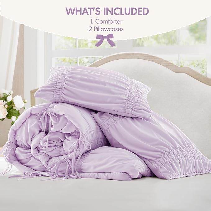 Intelligent Design Queen Comforter Set Ruched Shabby Chic Comforters for Queen Size Bed, All Season Lightweight Purple Ruffle French Country Bedding Set, Shams, Ella, Full/Queen, Lavender 3 Piece
