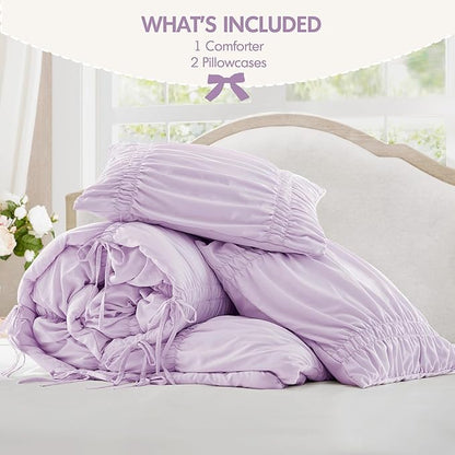 Intelligent Design Queen Comforter Set Ruched Shabby Chic Comforters for Queen Size Bed, All Season Lightweight Purple Ruffle French Country Bedding Set, Shams, Ella, Full/Queen, Lavender 3 Piece