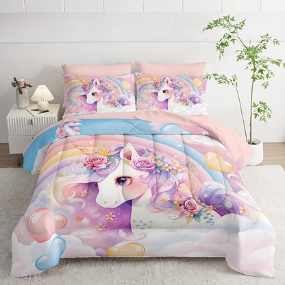 Kawaii Rainbow Unicorn Comforter Set Twin for Girls Kids,Cute Cartoon Unicorn 7 Pieces Bedding Sets for Girls Room Decor,Kawaii Down Alternative Comforter Set for All Season