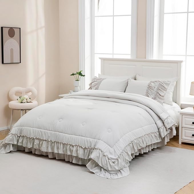Beige Comfrter Set Queen Size Boho Bedding Comforter Shabby Chic 2 Layers Ruffles Home Decor Farmhouse Bedding Bohemian Bed Comforter