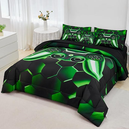 URBONUR Gaming Comforter Set Queen Size 6Pcs Teen Boy Video Game Queen Bed in a Bag Comforter Sets with Sheets, Soft Lightweight Microfiber Bedding Kids Blanket (Black Green, Queen)