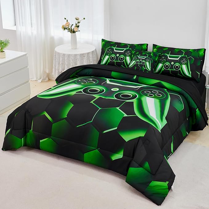 URBONUR Black Green Game Comforter Set Full Size for Boys Cool Tech Style Teen Room Decor 6Pcs Bed-in-a-Bag with Sheet Set Soft Lightweight Kids Bedding for All Seasons