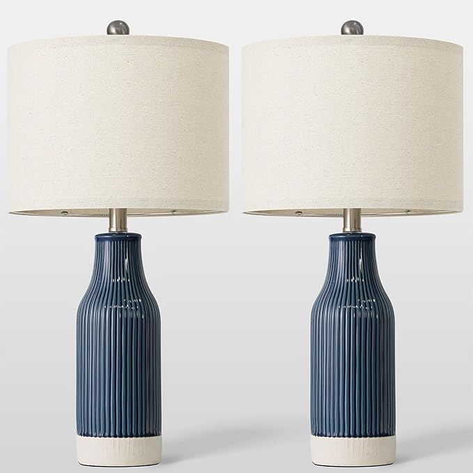 23.75" Modern Ceramic Table Lamps Set of 2, Stylish Bedside Lamps for Bedroom, Gorgeous Lamps for Nightstand, Lamps for Living Room, Farmhouse End Table Lamps, Blue Home Decor