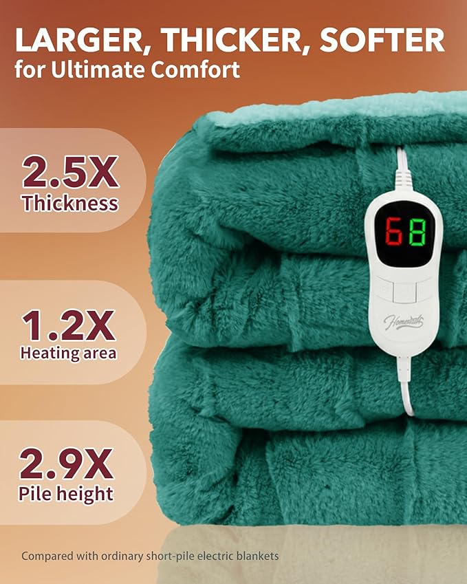 Homemate Heated Blanket Electric Throw - 50"x60" Heating Blanket Throw 1/2/4/6/8 Hours Auto-Off 10 Heat Levels Over-Heat Protection Luxury 800 GSM Faux Fur 200 GSM Sherpa ETL Certification