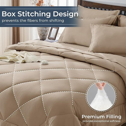 HEVUMYI Khaki Twin-XL Comforter Set - 5-Piece All Season Bed in a Bag Twin-XL, Ultra Soft Bedding Set with Comforter, Flat Sheet, Fitted Sheet, Pillowcases, Pillow Shams