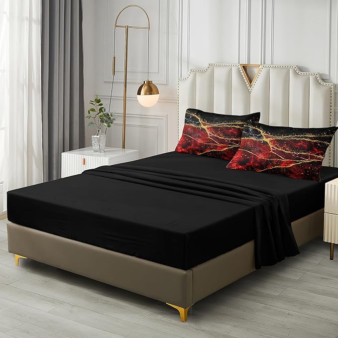 Bedorm Red Marble Comforter Set 6 Pcs Twin Size Bedding Set in A Bag Black Gold Marble Stone Texture Abstract Room Decor