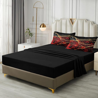 Bedorm Red Marble Comforter Set 6 Pcs Twin Size Bedding Set in A Bag Black Gold Marble Stone Texture Abstract Room Decor