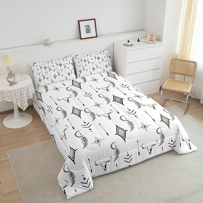 Feelyou Western Bull Skull Comforter Set Ethnic Horns Boho Bedding Set Full Size for Kids Adult Brown White Tribal Symbol Mysterious Aztec Comforter