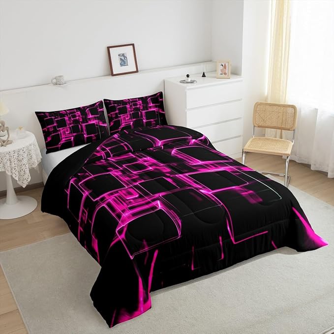 Erosebridal Girly Pink and Black Kids Comforter Set, Modern Abstract Geometric Square Bedding Sets for Boys Girls Gradient Neon Light Honeycomb Duvet Insert Queen with 2 Pillowcases