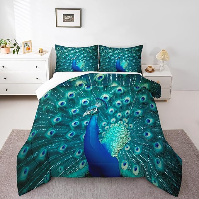 Erosebridal Peacock Bedding Set Queen Size Teal Cute Animal Pattern Comforter Set Peacock Feather Printed Decor Duvet Filler Adult Women Soft Quilted Duvet