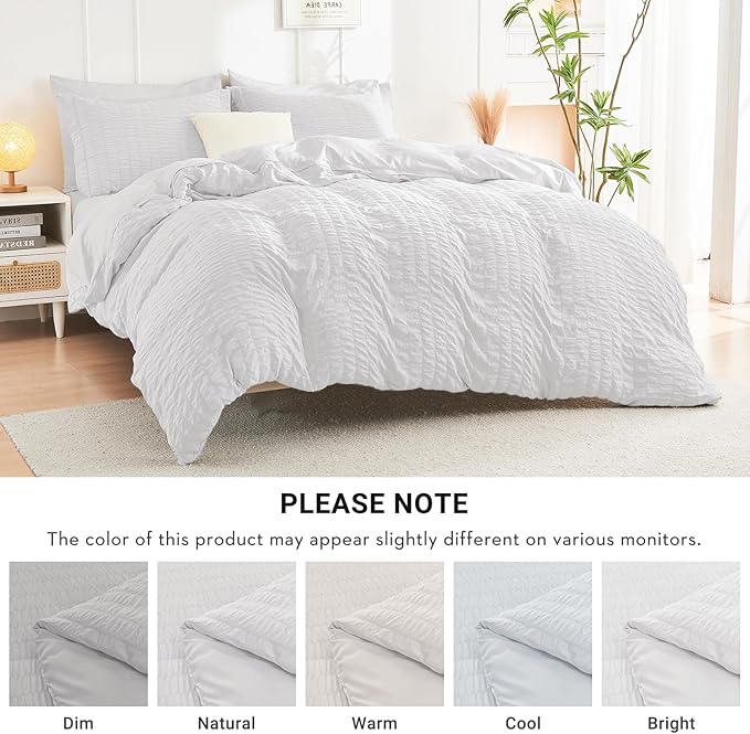 HYMOKEGE White California King Comforter Set Seersucker 7 Pieces, All Season Luxury Bed in a Bag for Bedroom, Bedding Set with Comforters, Sheets, Pillowcases & Shams