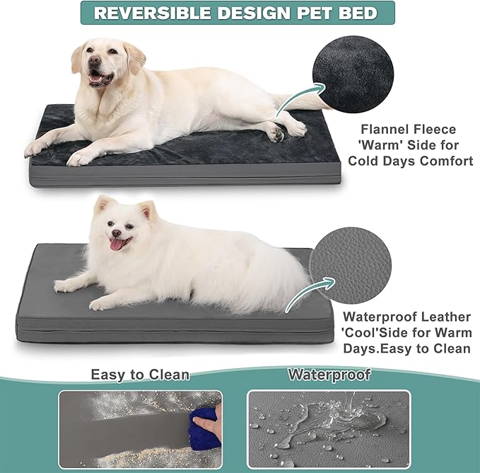 Waterproof XXL Dog Beds Large Sized Dogs, Orthopedic Washable Crate Pad 48 inch, Jumbo XXLarge Foam Pet Bed with Removable Cover Reversible, Anti-Slip Kennel Pad, 47"x29", Dark Gray