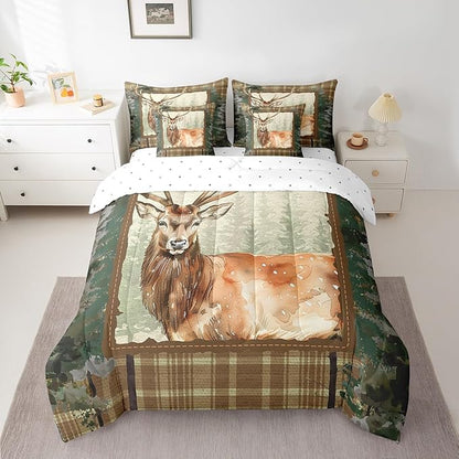 Erosebridal Elk Deer 7 Piece Comforter Set Full Bed in a Bag,Woodland Animals Bedding Sets Camouflage Sheet Set with Comforter