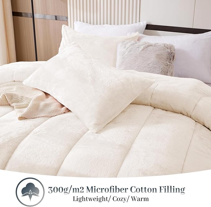 YIYEA Fluffy Queen Size Comforter Set, Luxury Faux Fur Comforter, Ultra Soft Plush Fuzzy Velvet Bedding Comforter Sets for Fall Winter, Cozy Warmth, No Shedding, 3PC, Queen, Ivory