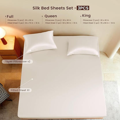 THXSILK Luxury Mulberry Silk Fitted Sheet Set 3 Pcs, Queen Silk Bed Sheet Set with 16" Deep Pockets, Soft & Cooling Sheets, 1 Fitted Sheet, 2 Pillowcases with Zipper Closure - White