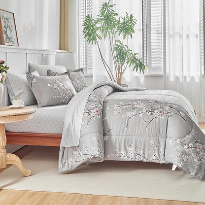 AIKASY Bed in a Bag 7 Pieces King Size - Floral Print - Soft Microfiber, Reversible Bed Comforter Set (1 Comforter, 2 Pillow Shams, 1 Flat Sheet, 1 Fitted Sheet, 2 Pillowcases)（Grey, King）