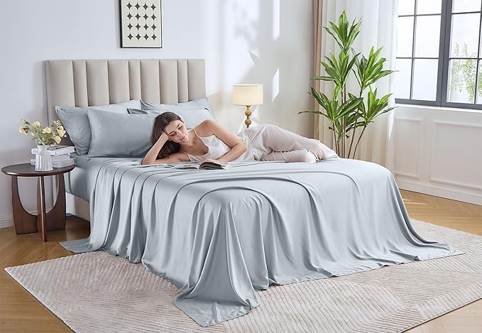 Pure Bamboo Split King Sheets, Genuine 100% Organic Viscose Derived from Bamboo Bed Sheet Set, Soft & Cooling, Double Stitching, 2 Fitted Sheets (Split King, Glacier)