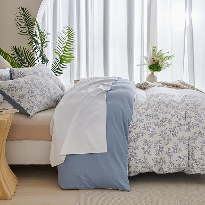 Comforter Set King Floral Soft Cute Bedding Sets Garden Style Blue Flower Print Botanical Floral Comforter for All Seasons and 1 Pillowcases