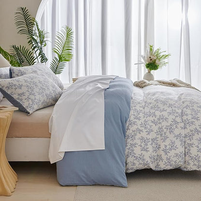 Comforter Set King Floral Soft Cute Bedding Sets Garden Style Blue Flower Print Botanical Floral Comforter for All Seasons and 1 Pillowcases