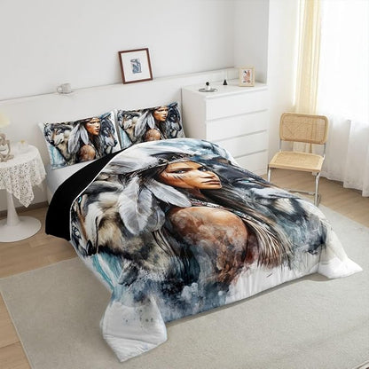 Erosebridal Indian Woman and Wolf Twin Comforter Set,Hunting Wolf Bedding Set for Kids Boys Girls Room Decor,Wild Animal Safari Bed Set Exotic Boho Bedding Comforter Sets,1 Pillowcase