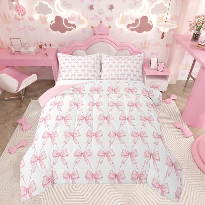 Feelyou Pink Bow Comforter Set Full Size, Pink Bow Bedding Set for Girls, Coquette Bowknot Girls Comforter for Kids, Kawaii Dreamy Princess Style Room Decor, 2 Pillowcases