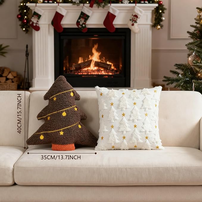 Artmag Christmas Pillow, Decorative Christmas Tree Pillow Stuffed Tree Shaped Embroidered Star Ball Bedroom Xmas Plush for Party Home Decorations 15.5" x 14.5" Brown
