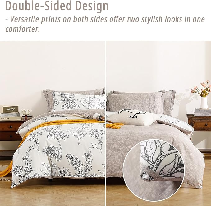 Floral Cotton Comforter Queen Size 3Pcs - Vintage Design with Luxurious Black Sketched Flowers & Leaves on Cream, Retro Taupe Reversible Lightweight Bedding Sets with Soft Fill(90"×90")