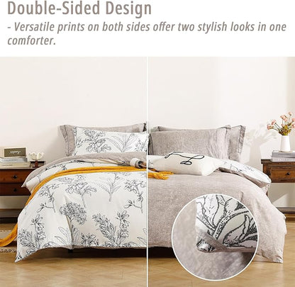 Floral Cotton Comforter Queen Size 3Pcs - Vintage Design with Luxurious Black Sketched Flowers & Leaves on Cream, Retro Taupe Reversible Lightweight Bedding Sets with Soft Fill(90"×90")