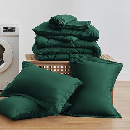 Love's cabin Queen Comforter Set Dark Green, 7 Pieces Queen Bed in a Bag, All Season Bedding Sets with 1 Comforter, 1 Flat Sheet, 1 Fitted Sheet, 2 Pillowcase and 2 Pillow Sham