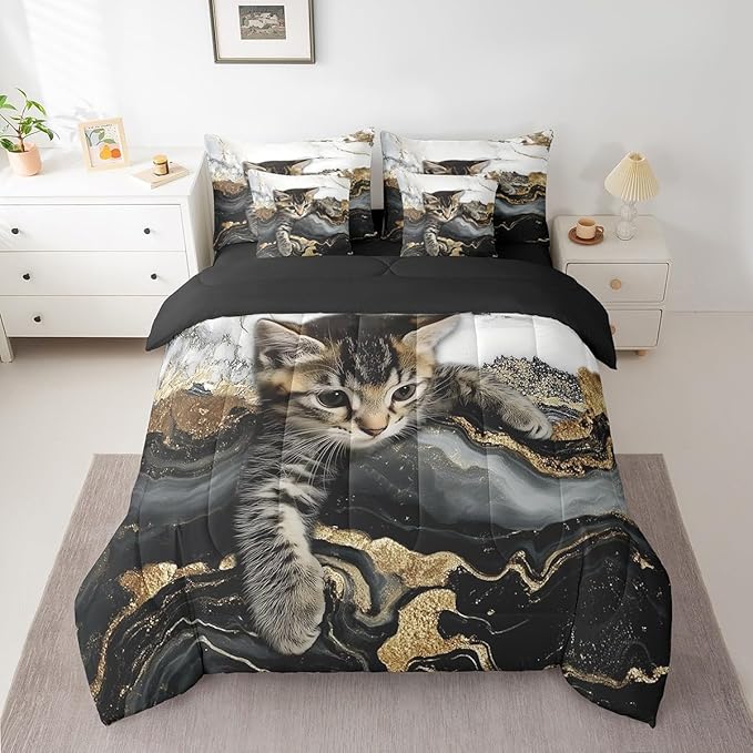 Erosebridal Black and White Bedding Set Watercolor Marble Printed Bed in A Bag for Full Bed, Cute Cat Gold Marbling Comforter Sets with Sheets Burning Mountain Retro Artwork Design Bedding 7 Pieces