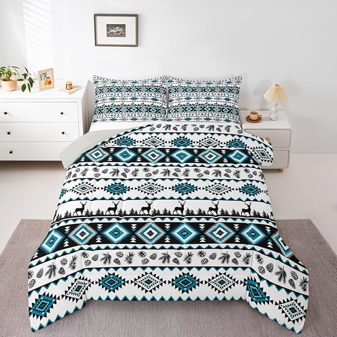 Deer Silhouettes Bedding Set for Boys Girls,Western Elk Animals Southwest Tribal Ethnic All Season Cozy Comforter Set with 2 Pillowcases Full,Aztec Abstract Geometric Print Duvet Set Bedroom Decor