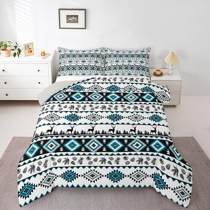 Deer Silhouettes Comforter Set with 2 Pillowcases,Aztec Abstract Geometric Print Super Soft Bedding Set for Adults Teens,Western Elk Animals Southwest Tribal Ethnic Duvet Set for Room Decor,King