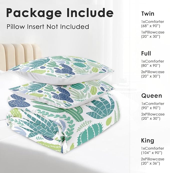 Comforter Set Queen Size, Green Plants Desert 3 Pcs Soft Bedding Set for Kids and Adults, Cactus Flower Summer Comforter Set with 2 Pillowcases, for Bedroom Bed Decor