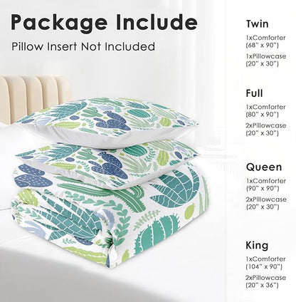 Comforter Set Queen Size, Green Plants Desert 3 Pcs Soft Bedding Set for Kids and Adults, Cactus Flower Summer Comforter Set with 2 Pillowcases, for Bedroom Bed Decor
