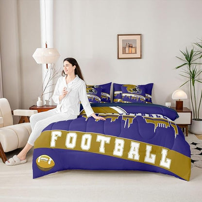 Erosebridal Football City 7 Pcs Comforter Set Full Football Bedding for Kids Purple Rugby Game Sheet Set Bed in A Bag Football Fans Bedroom Decor Sports Ball Competition Bed Set