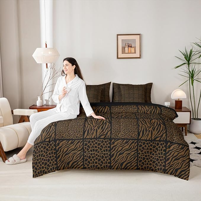 Safari Animals Fur Print Kids Comforter Sets in a Bag 7 Pcs,Wildlife Leopard Zebra Skin Bedding,Jungle Animal Brown Double-Sided Print Bed Sets in a Bag with Comforter,Sheets and Pillow Cases,Twin