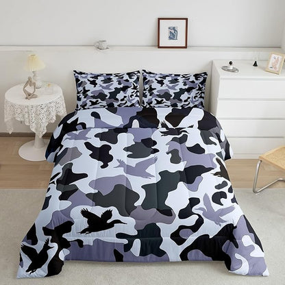 Erosebridal Camouflage Comforter Set King Size Hunting Bedding for Kids Boys Army Duck Hunter Bedding Comforter Sets Vintage Blue Grey Bedroom Decor Wild Animal Duck Farmhouse Duvet Insert