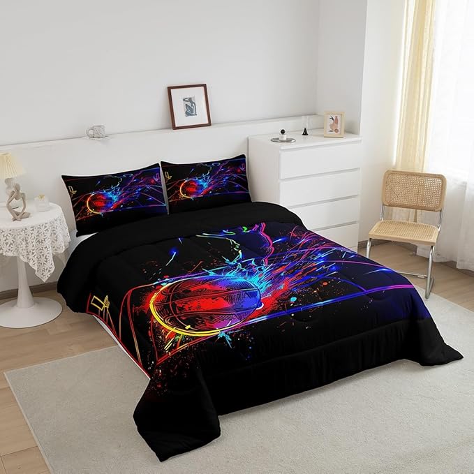 Erosebridal Basketball Comforter Set King 3D Sports Bedding Sets for Boys Teens Kids Men Tie Dye Fire and Ice Comforter Player Sport Game Warm Soft Lightweight Red Blue Quilt Set, Black