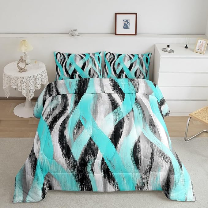 Erosebridal Geometric Turquoise Comforter King Modern Abstract Comforter Set Black Grey Teal Bedding Set for Kids Boys Girls Swirl Stripes Quilt Duvet Room Decor 3 Pcs