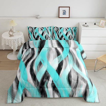 Erosebridal Geometric Turquoise Comforter Twin Modern Abstract Comforter Set Black Grey Teal Bedding Set for Kids Boys Girls Swirl Stripes Quilt Duvet Room Decor 2 Pcs