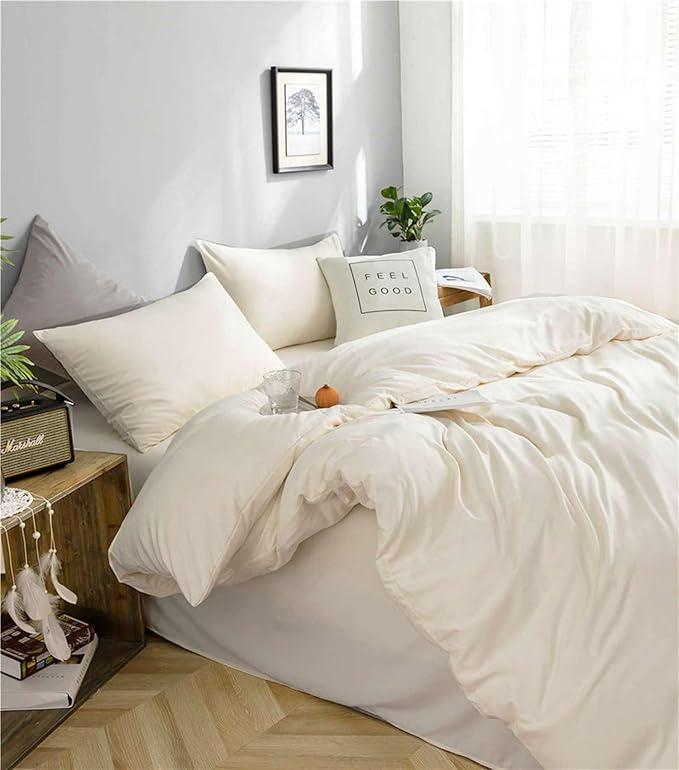 Nanko Beige Queen Size Comforter Set, Spring Soft Microfiber Reversible Down Alternative Quilted Duvet Insert, Modern Farmhouse Neutral Bedding Sets Bed in a Bag for Women Men,88 x 90 inch 3pcs, Cream