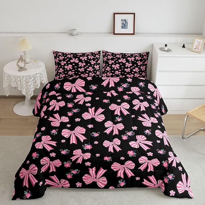 Feelyou Black Pink Bow Bedding Set Soft for Boys Girls, Cute Floral Comforter Set Toddler Size Cute Bowknot Duvet Quilt Microfiber Kawaii Bedroom Decor 2 Pcs with 1 Pillow Cases