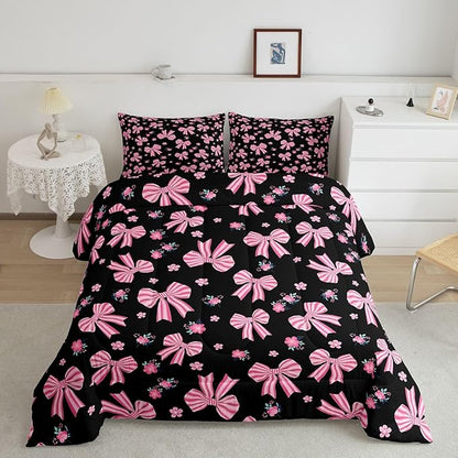 Feelyou Black Pink Bow Bedding Set Soft for Boys Girls, Cute Floral Comforter Set Toddler Size Cute Bowknot Duvet Quilt Microfiber Kawaii Bedroom Decor 2 Pcs with 1 Pillow Cases